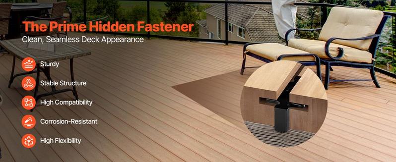 VEVOR 900PCS Hidden Deck Fasteners for Composite Decking Board, Universal Composite T Clips & Plastic Hidden Fasteners with Metal Screws, Polypropylene PP Clips Works with 0.26 inch Gaps, Black