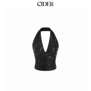 Cider Mesh Halter Neck Ruched Sequin Crop Top SummerWins Dealsforyou