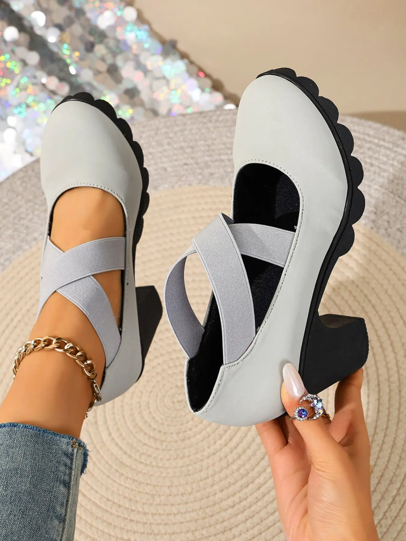 Simple Plain Round Toe Strap Heeled Shoes, Anti-Slip Wave Thick Sole Mary Jane Single Shoe, Versatile Women's High Heel for Campus and Outing