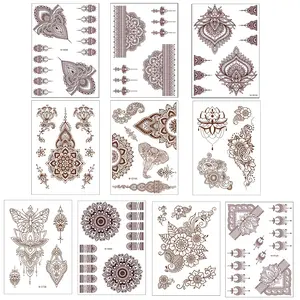 10 Pcs Henna Tattoo Kit Temporary Tattoo Adul Stickers Lace Pattern Fake Tattoos Henna Sticker for Women Girls DIY on Body Face Arms Legs Brown