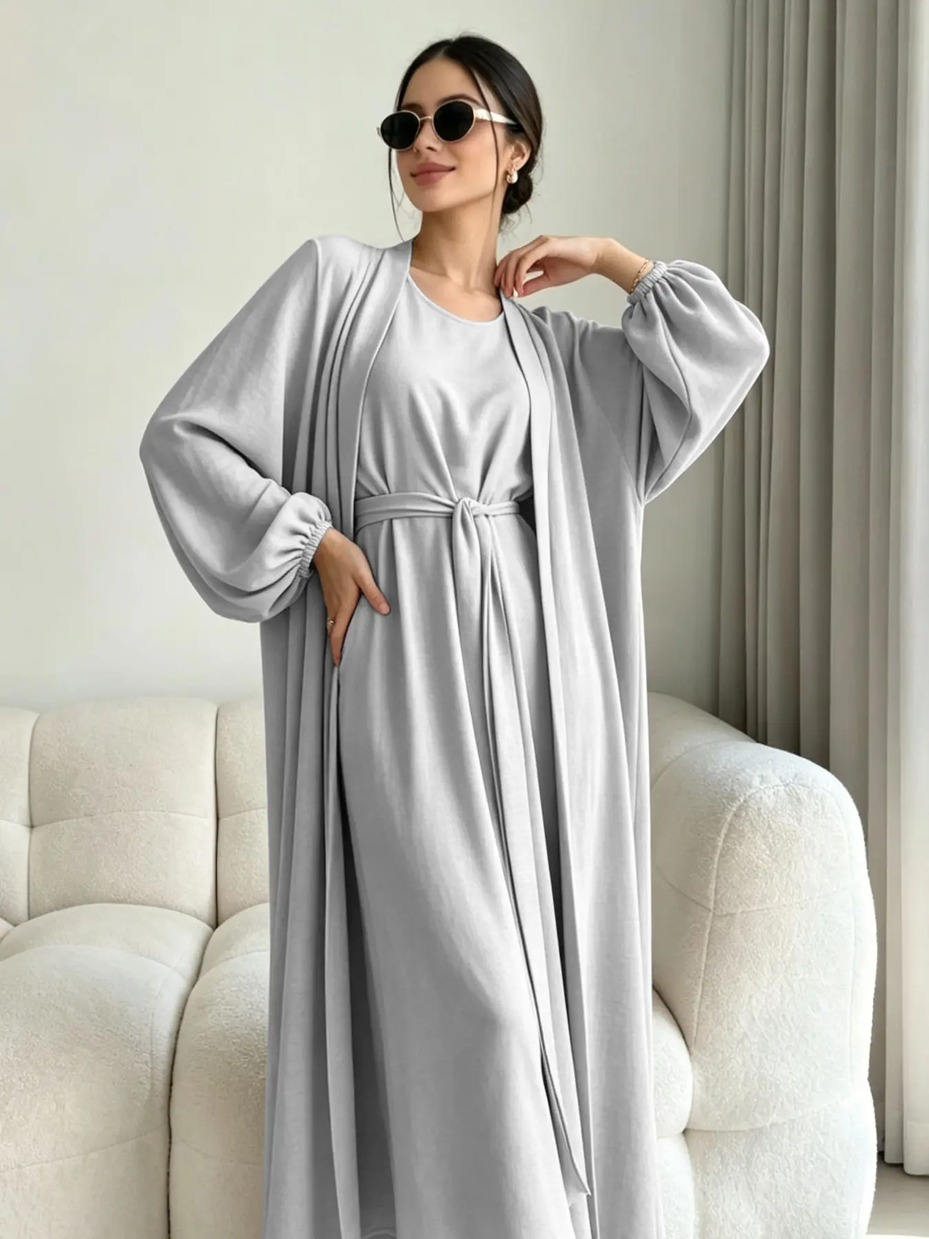 Three-Piece Set Plain Breathable Comfort Ice Silk Wrinkle Dress for Women, Daily Wear, Elegant Casual Polyester Abaya, Muslim Cardigan + Tank Top + Belt