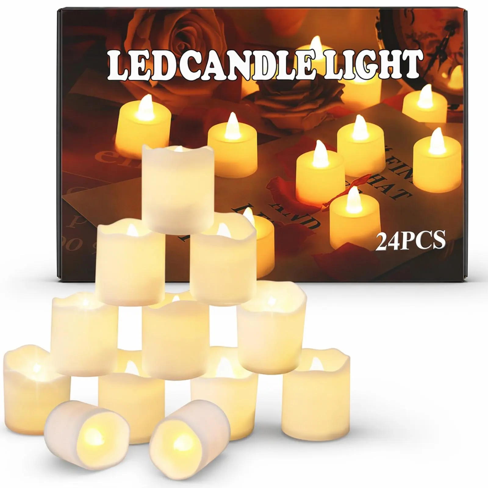 24-Pack Flameless LED Plastic Tea Light Candles, Battery-Operated with Flicker Effect & Ambient Glow, Indoor-Outdoor Wedding Decor Ambient Lighting