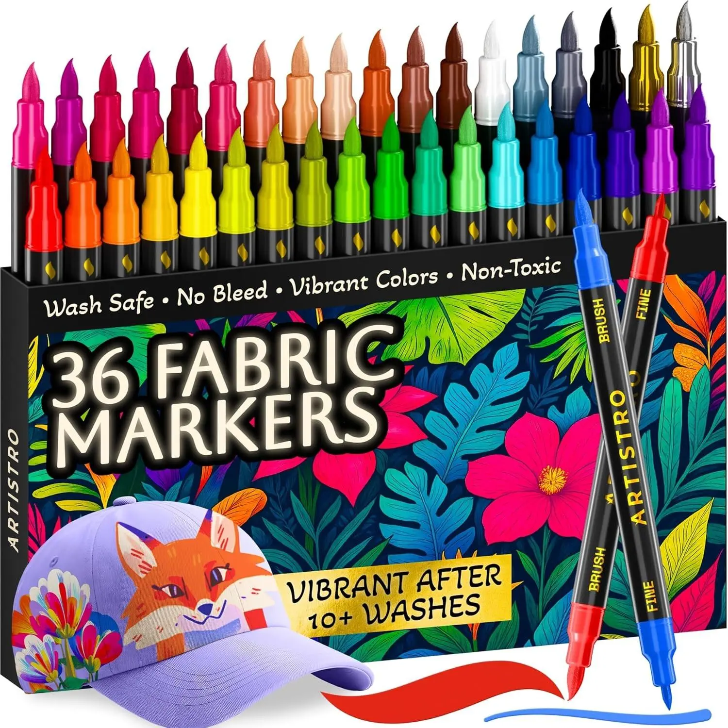 36 Fabric Markers for Clothes and Textiles – Permanent No-Bleed Fabric Decorating Kit for T-Shirts, Bags, Canvas, Shoes, and Crafts