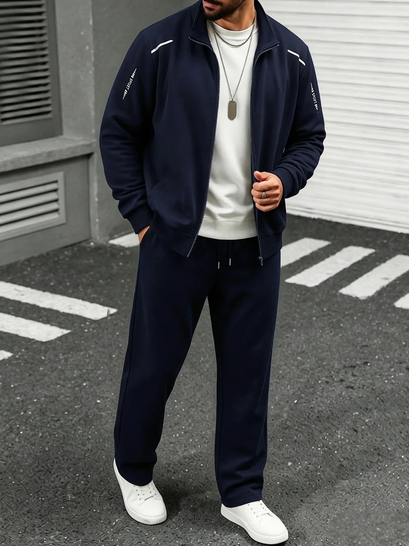Men Viral Spring Autumn Navy Stand Collar Zipper Sports Outfit, Casual Loose 2pcs Set, Stand Collar Full Zip Jacket Easy To Wear, White Reflective Stripe On Shoulders For Night Safety, SPORT Letter Print On Sleeves For Sporty Style, Two Slant Pockets For