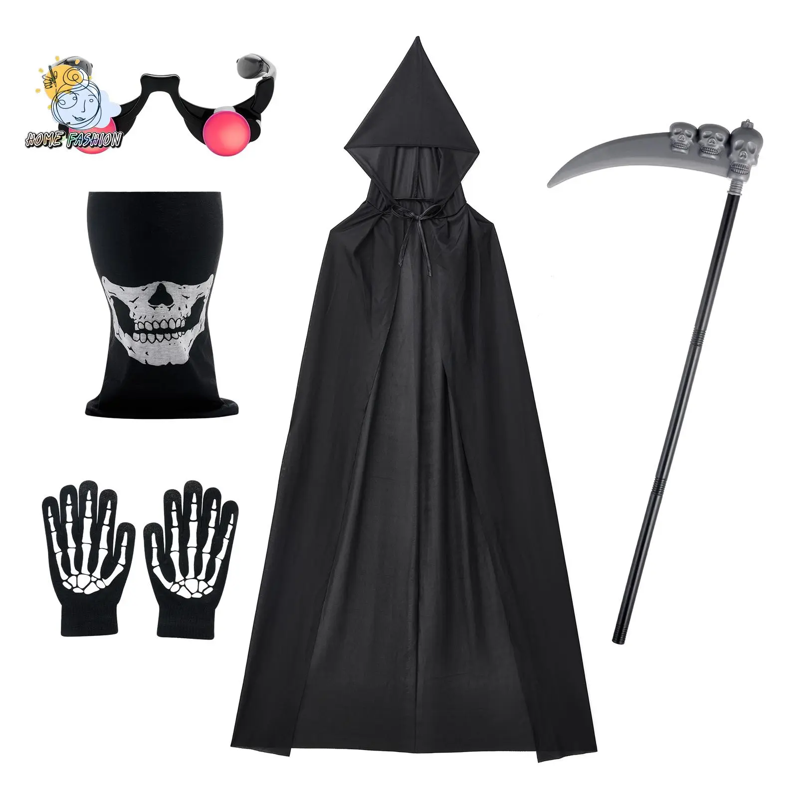 Halloween Cloak Costume for Kids & Adults, Death Grim Reaper Horror Robe with Glowing Red Eyes Glasses, Scythe, Facewear, Gloves