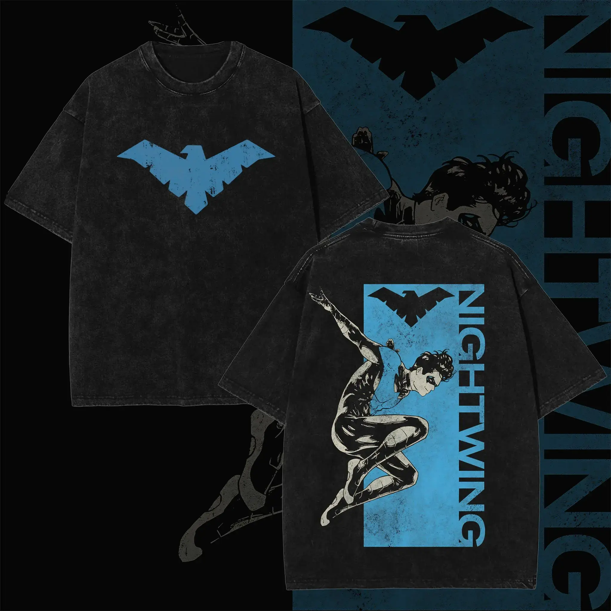Retro Nightwing Faded Light Blue Worn Bird Symbol Front Chest Print & Vertical "NIGHTWING" Text Leaping Combat Pose Hero Back Graphic Dual-Sided Vintage Washed Black T-Shirt, Unisex Oversized Heavyweight Cotton Streetwear Top, Ideal Gift for Nightwing Fan