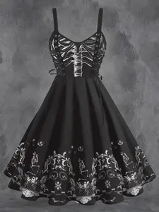 【Plus Size】 Halloween Themed Lace Up Backless Dress, Gothic Style Sleeveless Dress for Party Holiday Vacation, Women's Plus Clothing for All Seasons, Womenswear