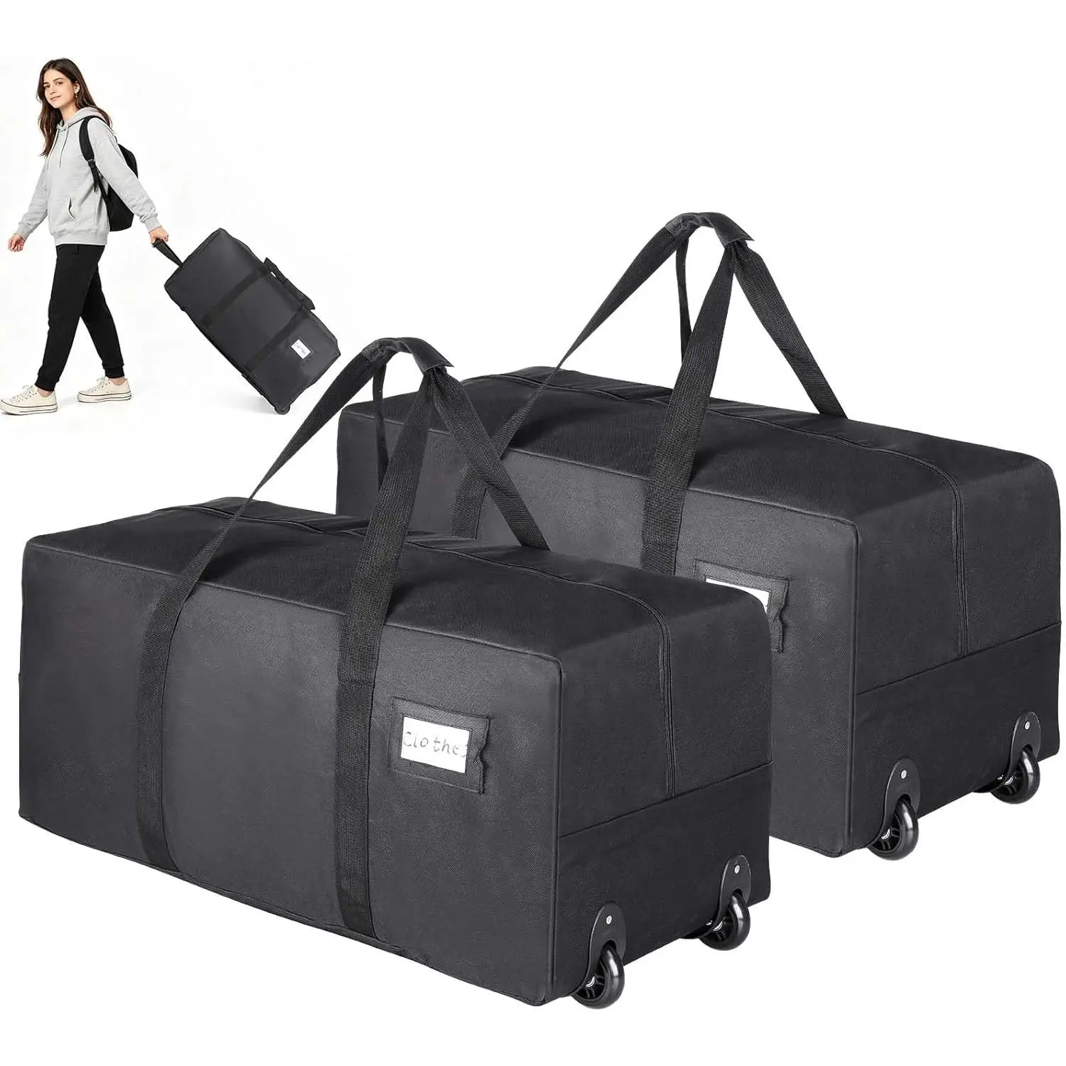 Heavy Duty Moving Bags with Wheels, 2 Pack Extra Large 92L Moving Boxes for Women College Seniors, Foldable Rolling Duffel Bag for Travel - Easy Move Rolling Clothes Storage Bags