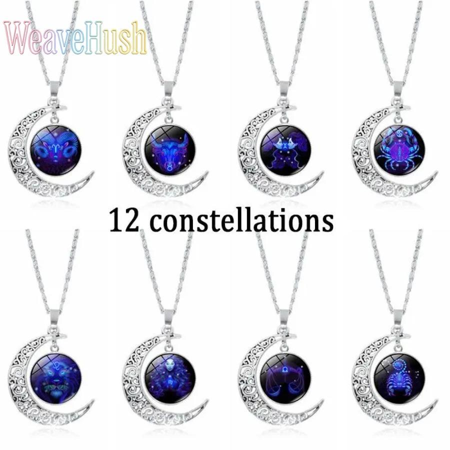 2026 Trendy 12 Zodiac Constellation Necklaces Luminous Glow In The Dark Moon Glass Pendant Birthstone Time Gemstone Astrology Jewelry For Women Men Dainty Layered Horoscope Necklace Celestial Star Sign Accessory Daily Wear Party Gift European American Fas