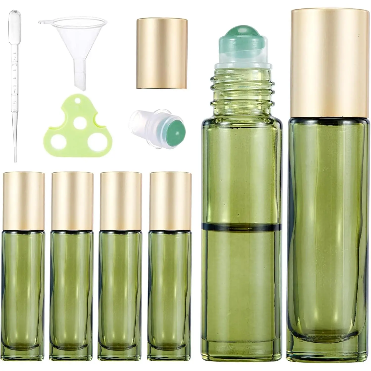 6 Pack Green Aventurine Quartz Roller Bottles for Essential Oils, 10ml  Glass Roll  Bottles with   Balls, Leak-Proof Travel Size Perfume Roller Bottle (Olive green)