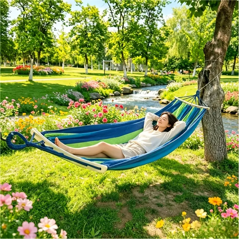 Canvas Single-Person Portable Foldable Hammock for Hiking-Light Outdoor, Picnic Travel, Complete with All Necessary Accessories, Portable Foldable Hammocks, Single-Person Hammocks
