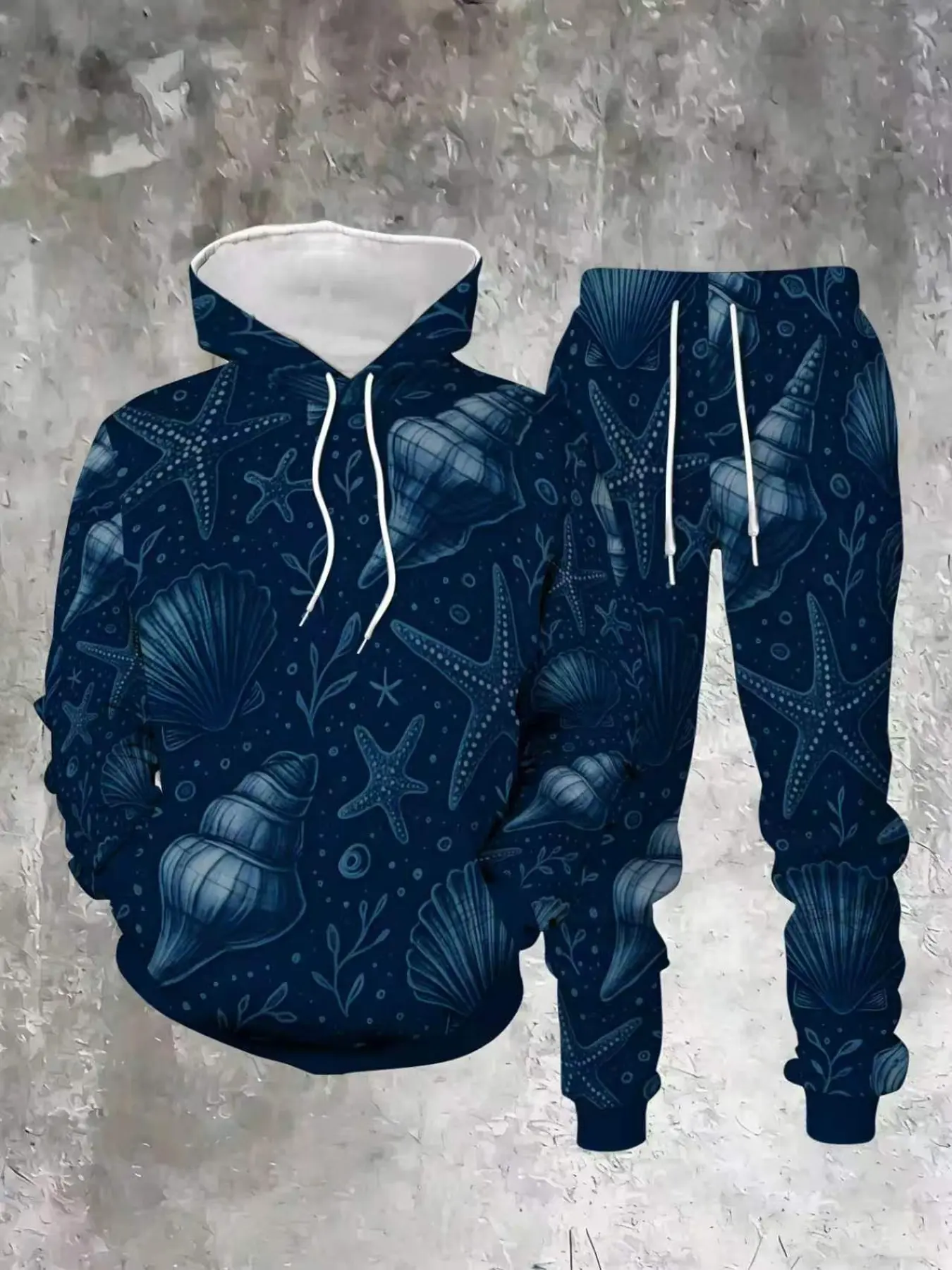 Men's Ocean Theme Two-Piece Set, Sketch Style Seashell Starfish Pattern, Hooded Sweatshirt and Pants, Casual Fitted