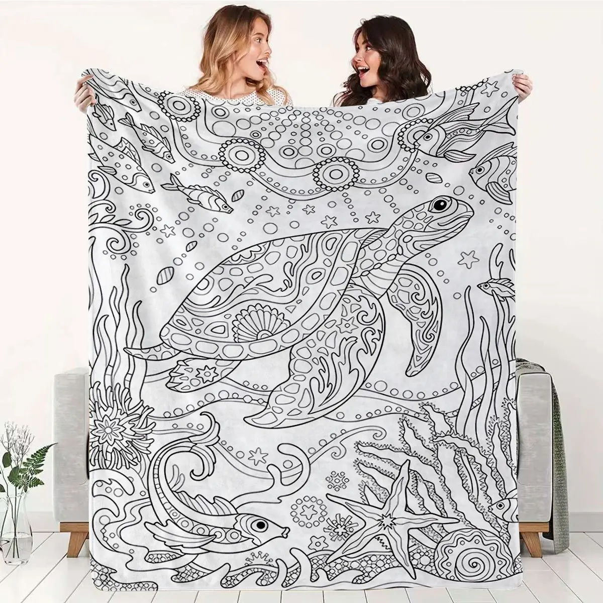 Ocean World Adult Relax Coloring Blanket, Creative Hand-Painted Turtle and Fish Pattern, Thick Flannel Sofa Throw, Bedroom and Living Room Decorative Blanket, All-Season Warmth Blanket, Ocean Style Blanket, Cozy Warm Blanket