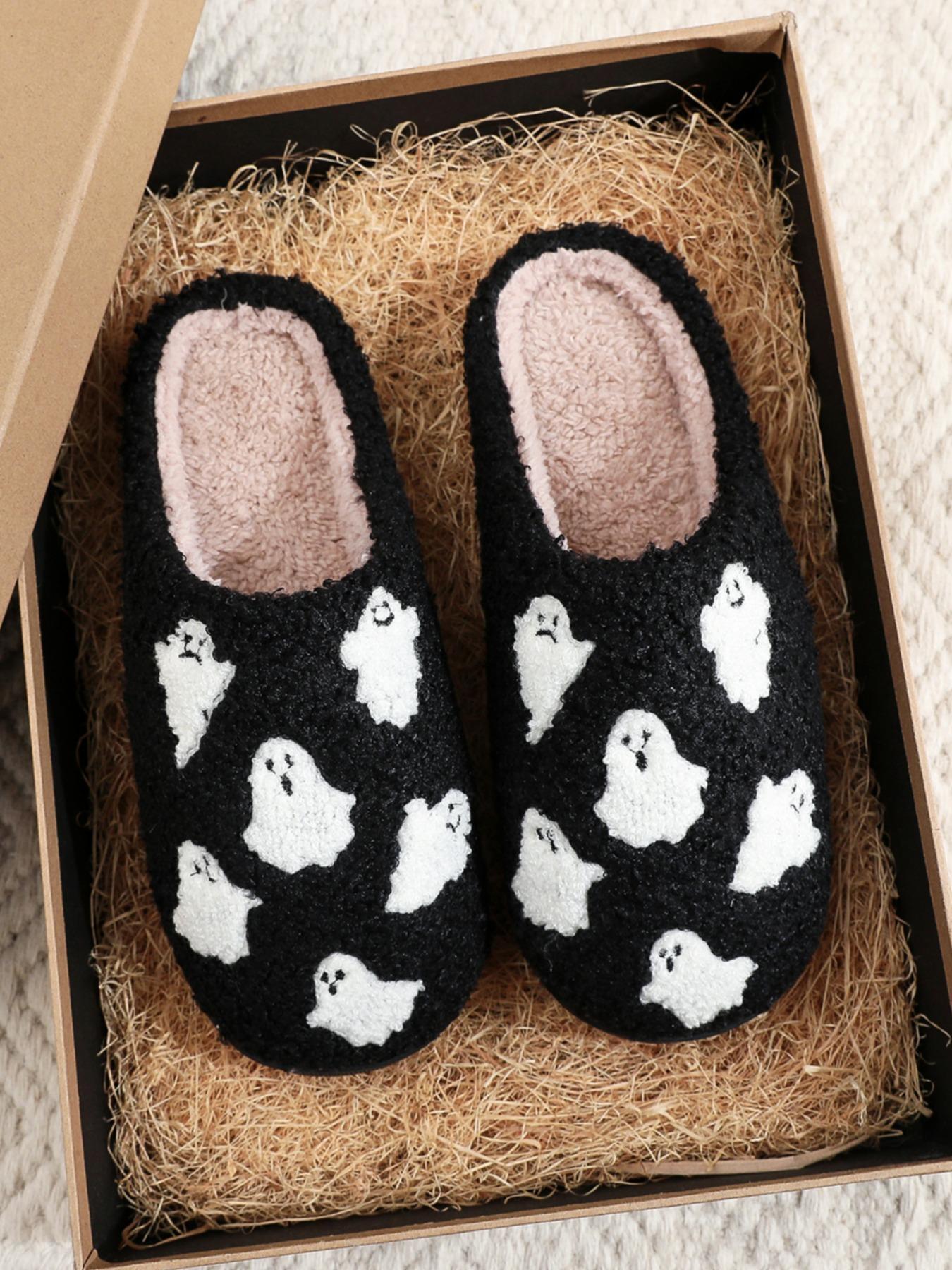 Women's Cute Cartoon Ghost Pattern Plush Slippers, Casual Soft Comfortable Fluffy Home Slippers, Warm Fuzzy House Slippers for Indoor & Outdoor Use for All Seasons