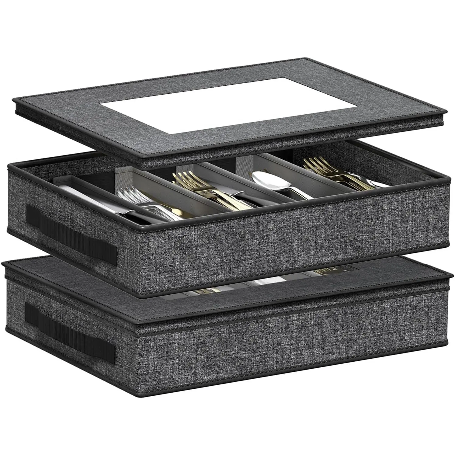 2-Pack Silverware Storage Box, Sturdy Flatware Organizer with 5 Compartments & Adjustable Dividers, Utensil Case with Clear Lid & Handle for , Forks & Spoons, Gray