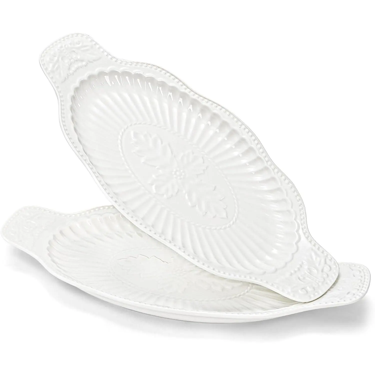 2 Pack Porcelain Oval Serving Platters, 14 Inch Large Embossed White Serving Plates for Entertaining, Oven Safe Stackable Ceramic Dinner Tray for Fish, Meat, Appetizers, Fruits, Dessert