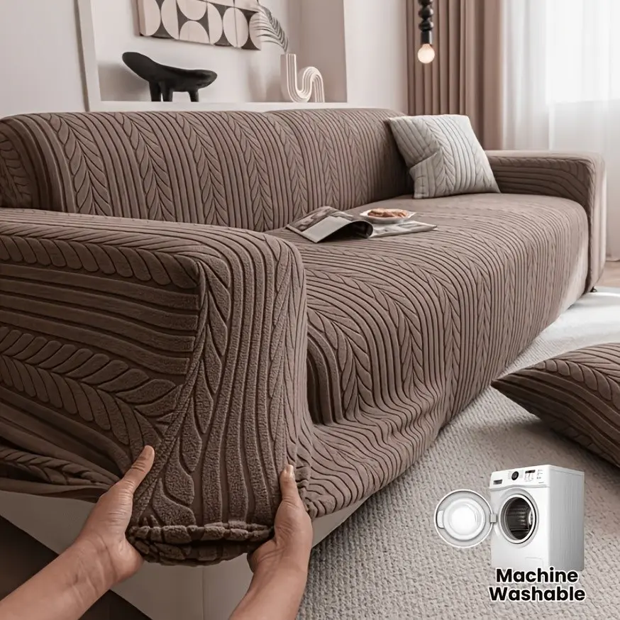 1pc Stretchable Full Coverage Sofa Slipcover Non-Slip Pet Friendly Machine Washable Furniture Protector Suitable for Living Room/Office/Bedroom Home Decor Makeover, New Wave Pattern Stretch Fabric Jacquard Sofa Bed Cover( Inclu Anti-Slip Fixing Rods)