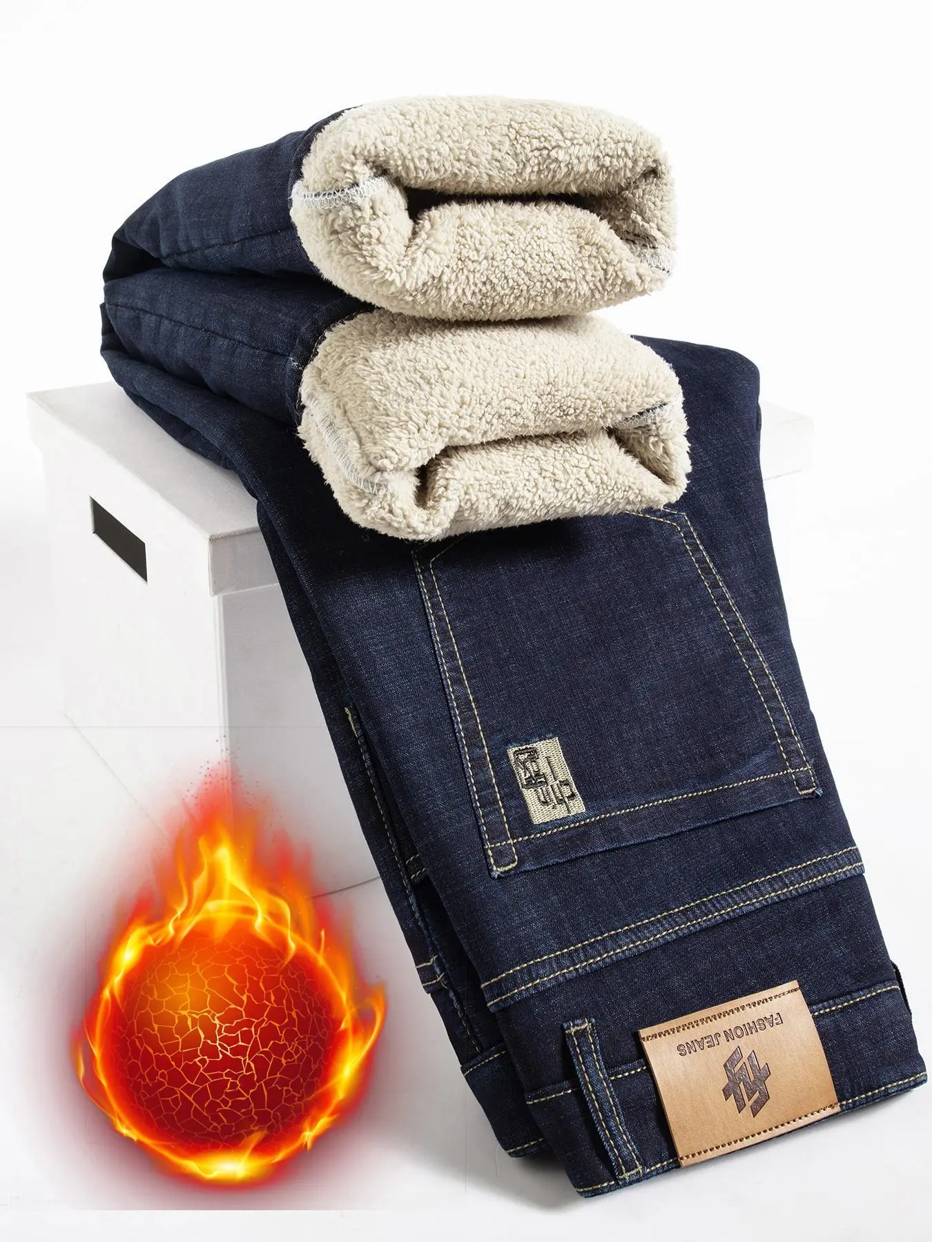 Men's Fleece Lined Jeans, Winter Slim Straight Leg, Thick Warm Casual Pants, All Seasons Loose Fit Street Style