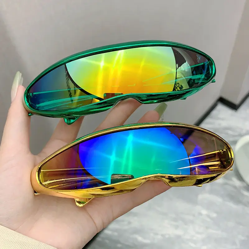 Baddie Y2K Futuristic Cyberpunk Shield Sunglasses Metallic Gold Frame Purple Mirror Wrap Around Visor Sun Glasses for Women Men Sci Fi Festival Party Streetwear