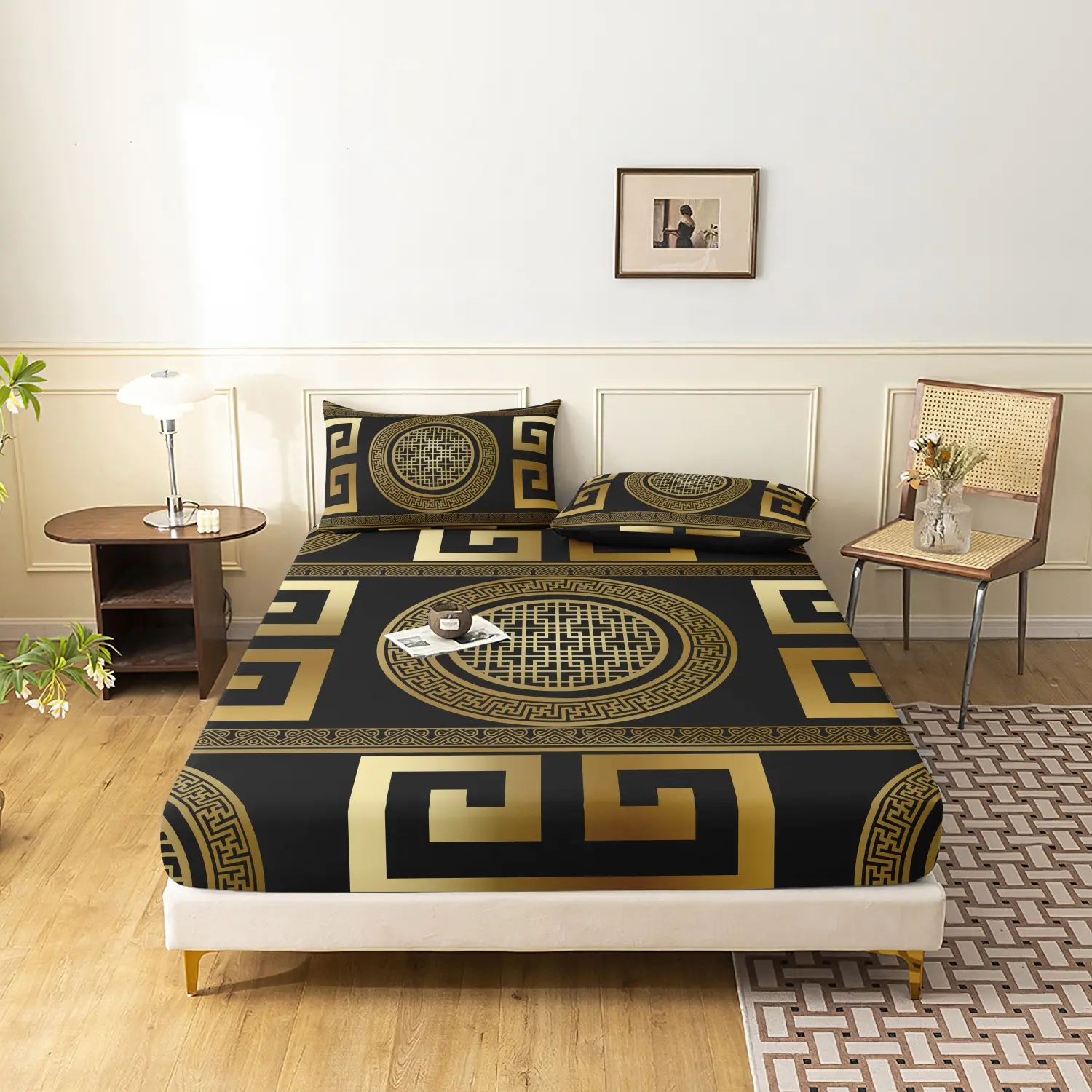 3 Pieces Luxury Golden Greek Key Geometric Fitted Sheet Set, Classic Retro Circular Square Geometric Border Print Bedding, Soft Microfiber Elegant Modern Hotel Quality Bedding Decor for Adults (1 Fitted Sheet + 2 Pillowcases, No Pillow)
