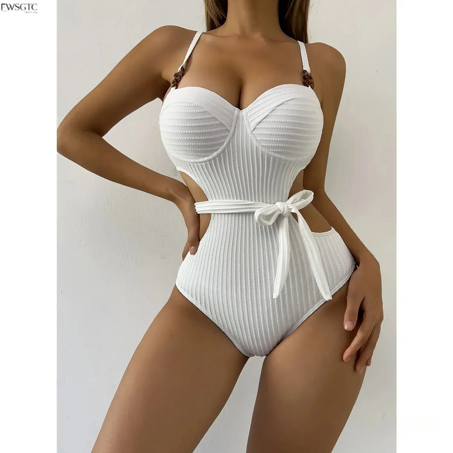 Trendy Belt Ruched Underwire Support One-Piece Swimsuit With Wave Pattern, Stable Fit Vacation Swim Essentials, Fashionable Beach Attire Perfect For Seaside Relaxation, Hot Spring Leisure, Cruise Trips And Resort Holiday Photo Styling
