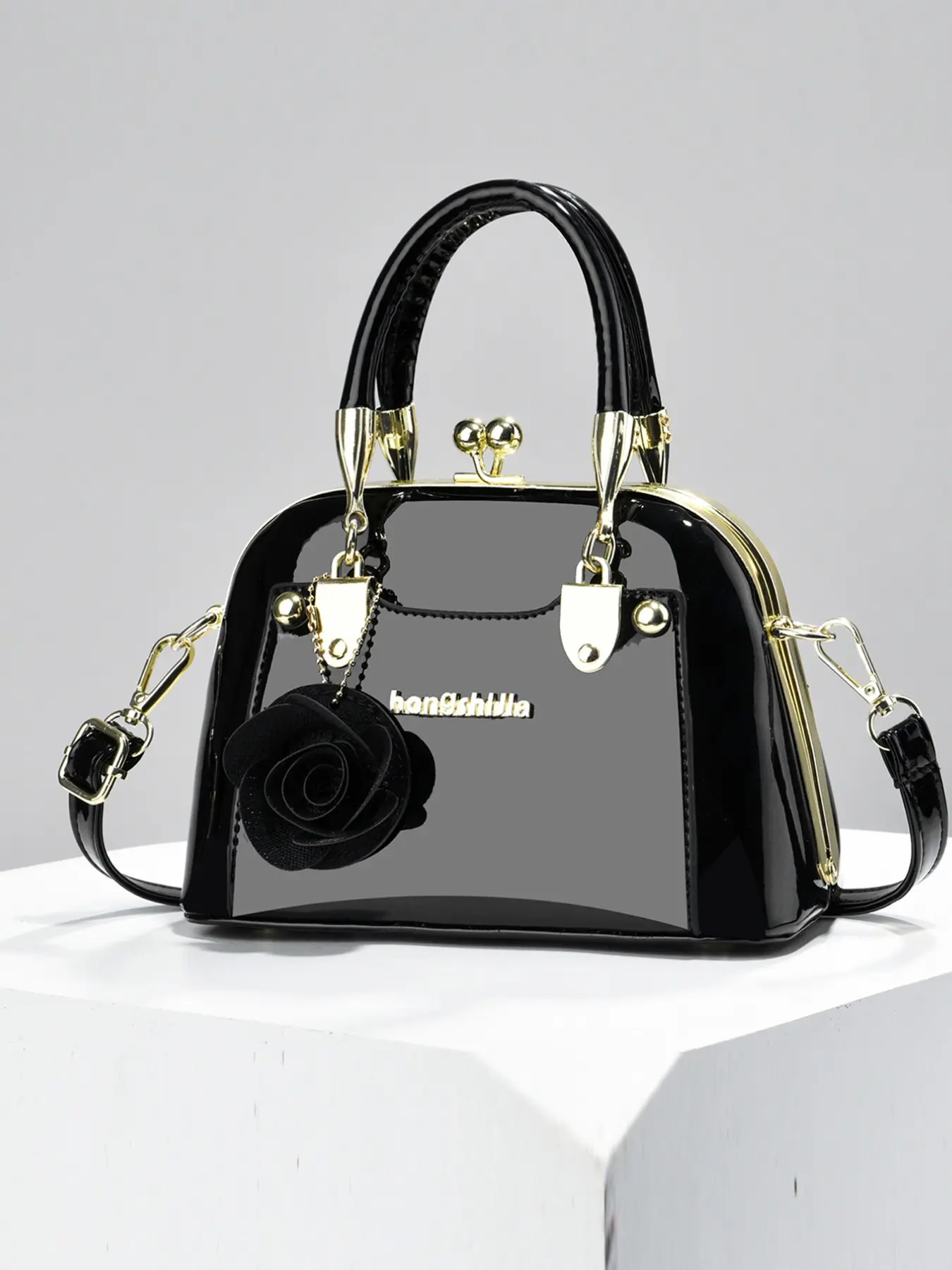 Women's Shiny Shell Design Handbag, Elegant Floral Decoration, Clasp Tote Bag, Vintage Hardware, Crossbody Shoulder Handbag for Daily & Wedding Use
