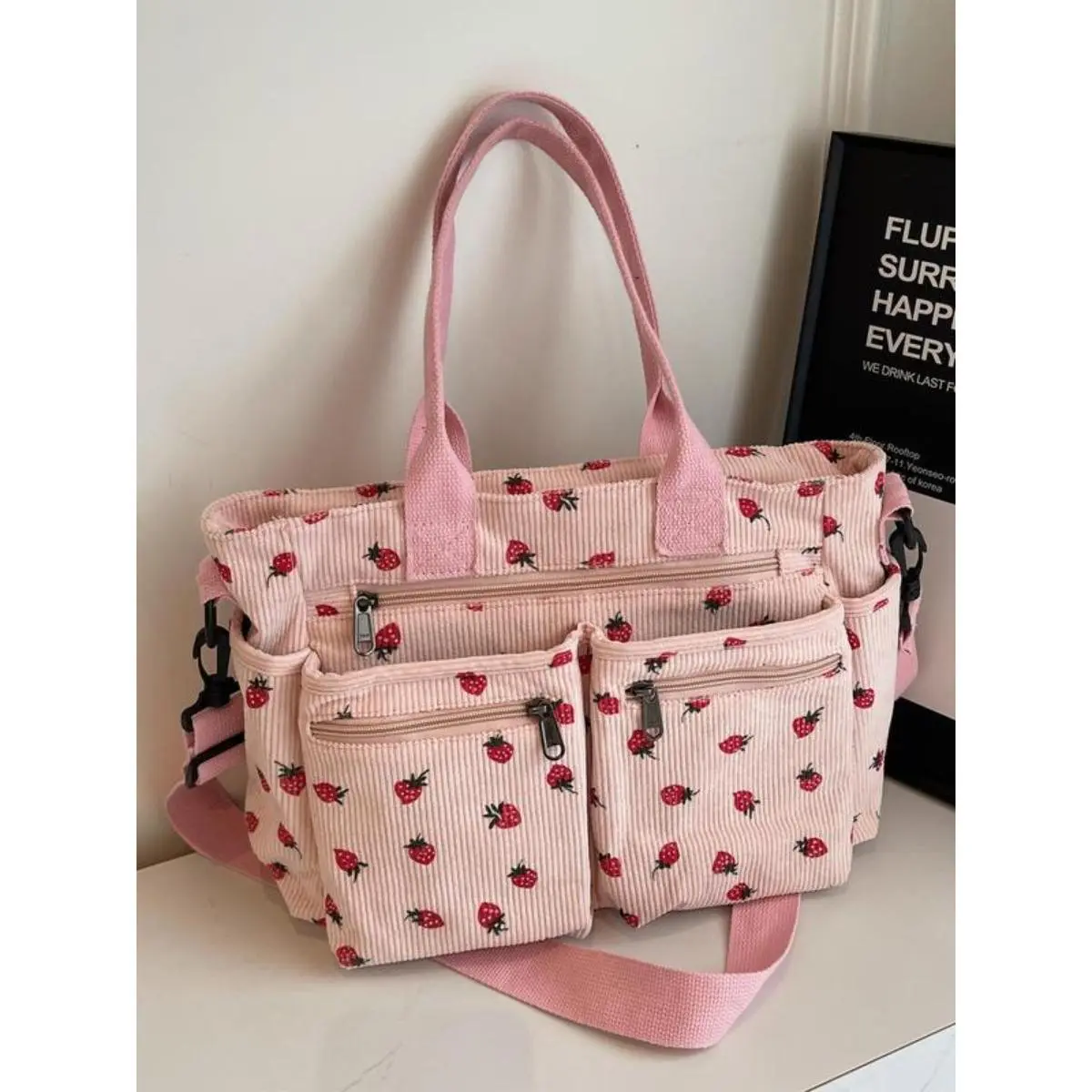 Women's Cute Strawberry Print Canvas Tote - Large Capacity Aesthetic Shoulder Bag, Trendy Casual Everyday Bag Ideal for Shopping, Travel, Daily Commuting, Bags For Everyday