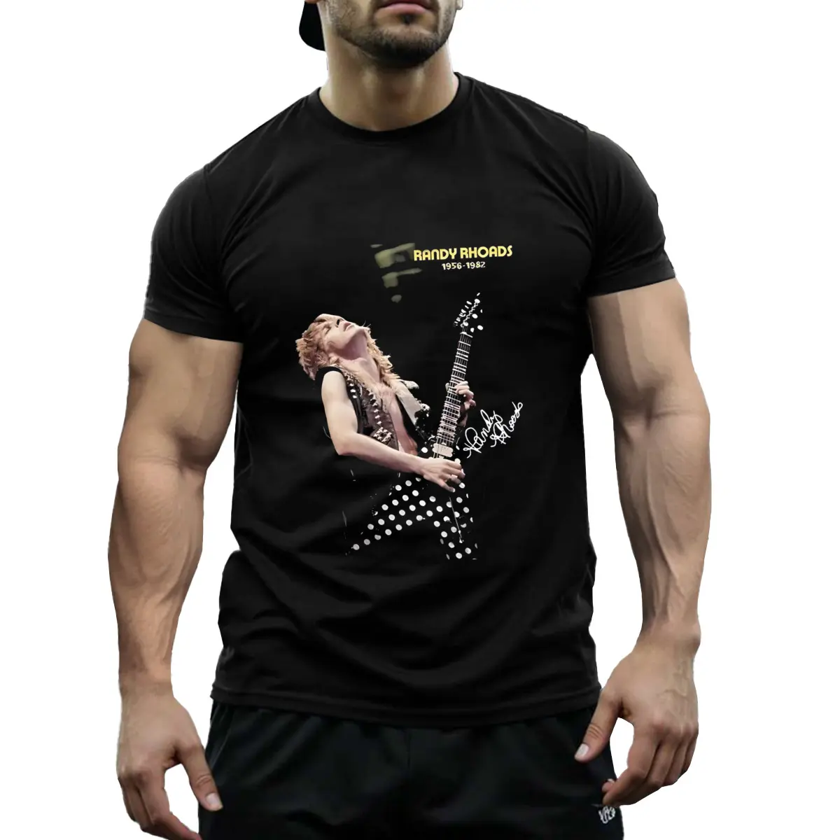 Bold Design, Randy Rhodes Tribute - Men's Classic Guitarist Black Cotton Tee 100 Knitted Fabric, Casual Regular Fit, Round Neck, All-Season Wear with Iconic Print Short Sleeve, Lightweight, Adult Tshirtcasual Style Tee 100 Cotton Fabric, T-Shirt Stylish -