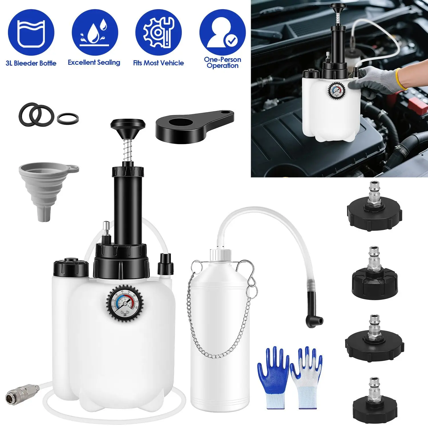 Brake Bleeder Kit with 4 Size Universal Adapter Caps, 3L Fluid Bottle & 1L Waste Oil Container, Pressure Gauge Long Hose Hanging Chain PVC Construction with Funnel Gloves Wrench
