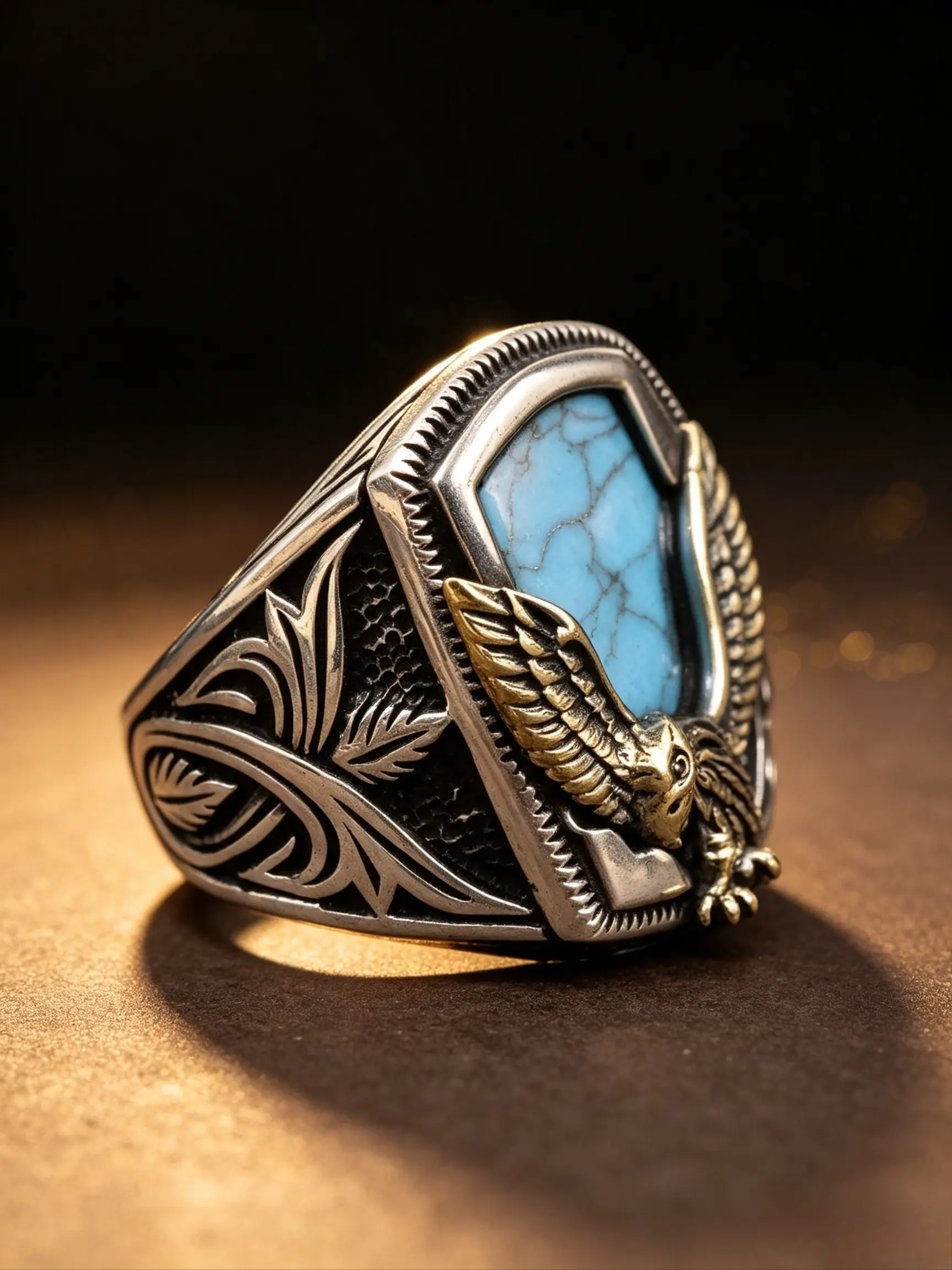 Men's Western Eagle Signet Ring, Two Tone Oxidized Spread Wings Eagle Engraved Ring With Shield Shaped Simulated Turquoise, Hypoallergenic Wide Band Jewelry, Vintage Biker Outdoor Gift for Men