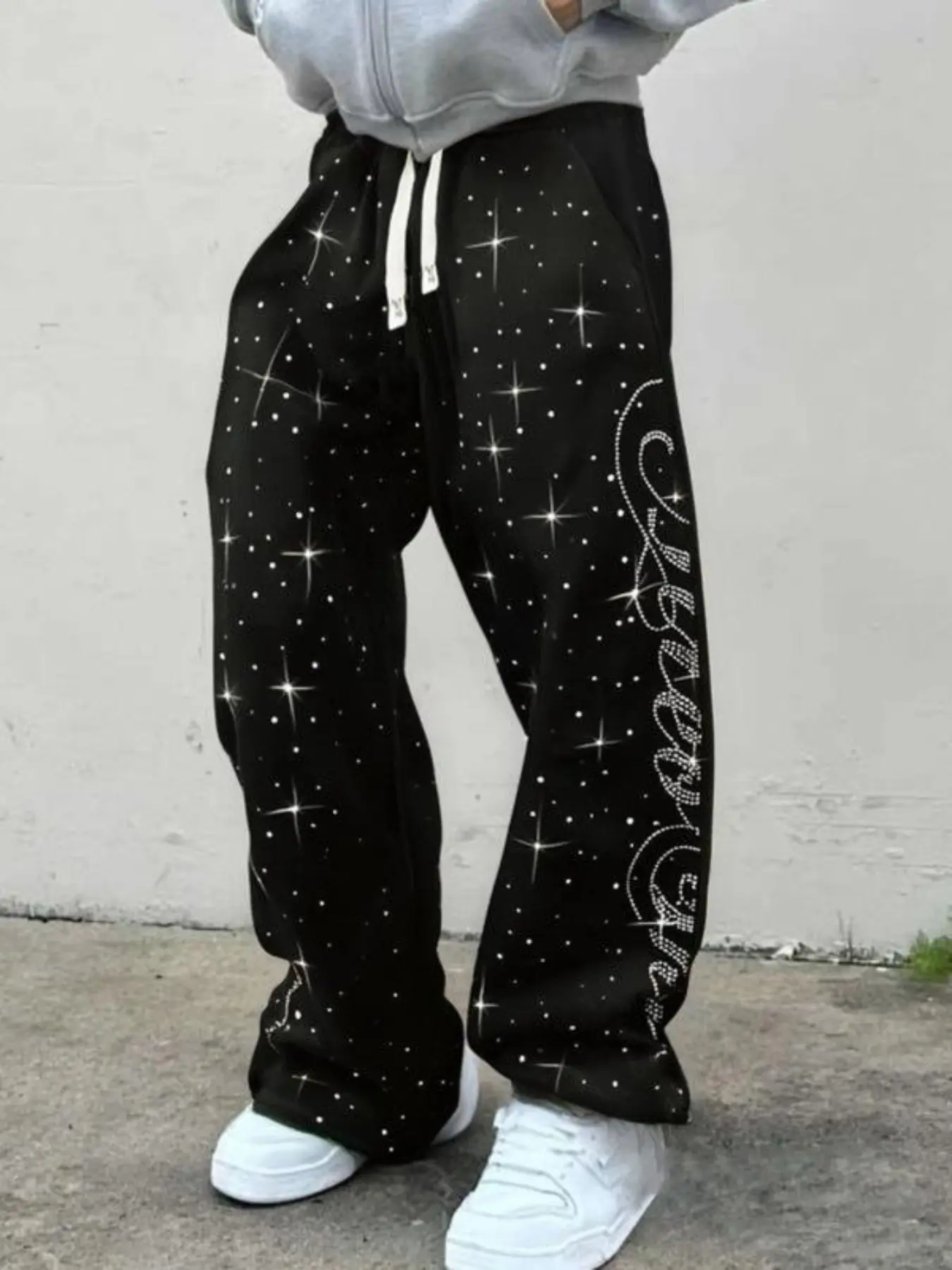 Men's Street Style Straight Leg Sweatpants, Rhinestone Embroidery, Elastic Waist, Drawstring, Streetwear, Casual Long Pants for All Seasons