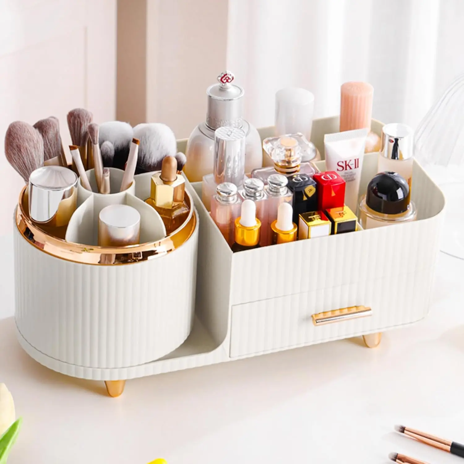 Rotating Makeup Organizer for with Brush Holder and Drawer, Cosmetic Makeup, Large Spinning Makeup Skincare Organizer, Countertop Makeup Perfume Organizer, Lotions Display Case (White)