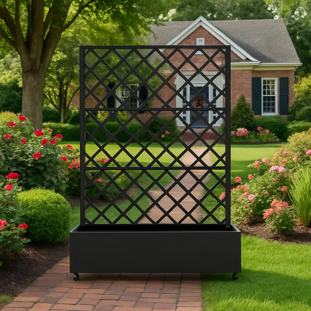 GAOMON Galvanized Metal Raised Planter Box with Diamond Lattice Trellis & Lockable Wheels – Deep Outdoor Garden Bed, Privacy Screen, Drainage for Climbing Plants, Vines, Flowers – Patio, Yard, Balcony