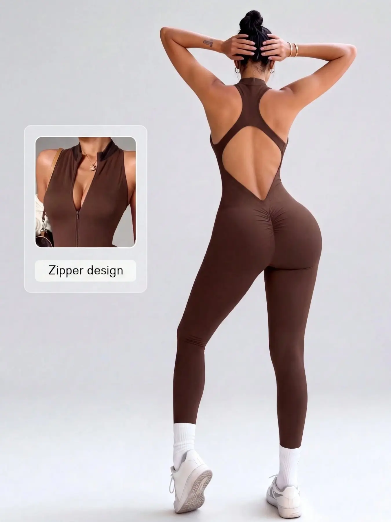 TikTok Trend Sleeveless Athletic Bodysuit, Buttery Soft Zipper Front Tummy Control Butt Lifting One Piece Stretchy Sports Jumpsuit, Casual Slim-Fitting Below the Knee, Shaping Jumpsuit