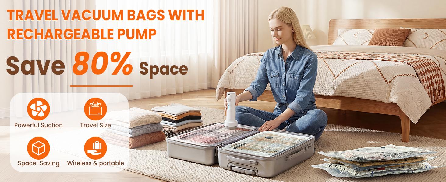 Vacuum Storage Bags for Travel, 15 Pack Vacuum Seal Bags for Clothing With Cordless Electric Pump, Space Saver Bags for Luggage, Clothes, Ideal for Home, Seasonal Storage, and Packing for Travel