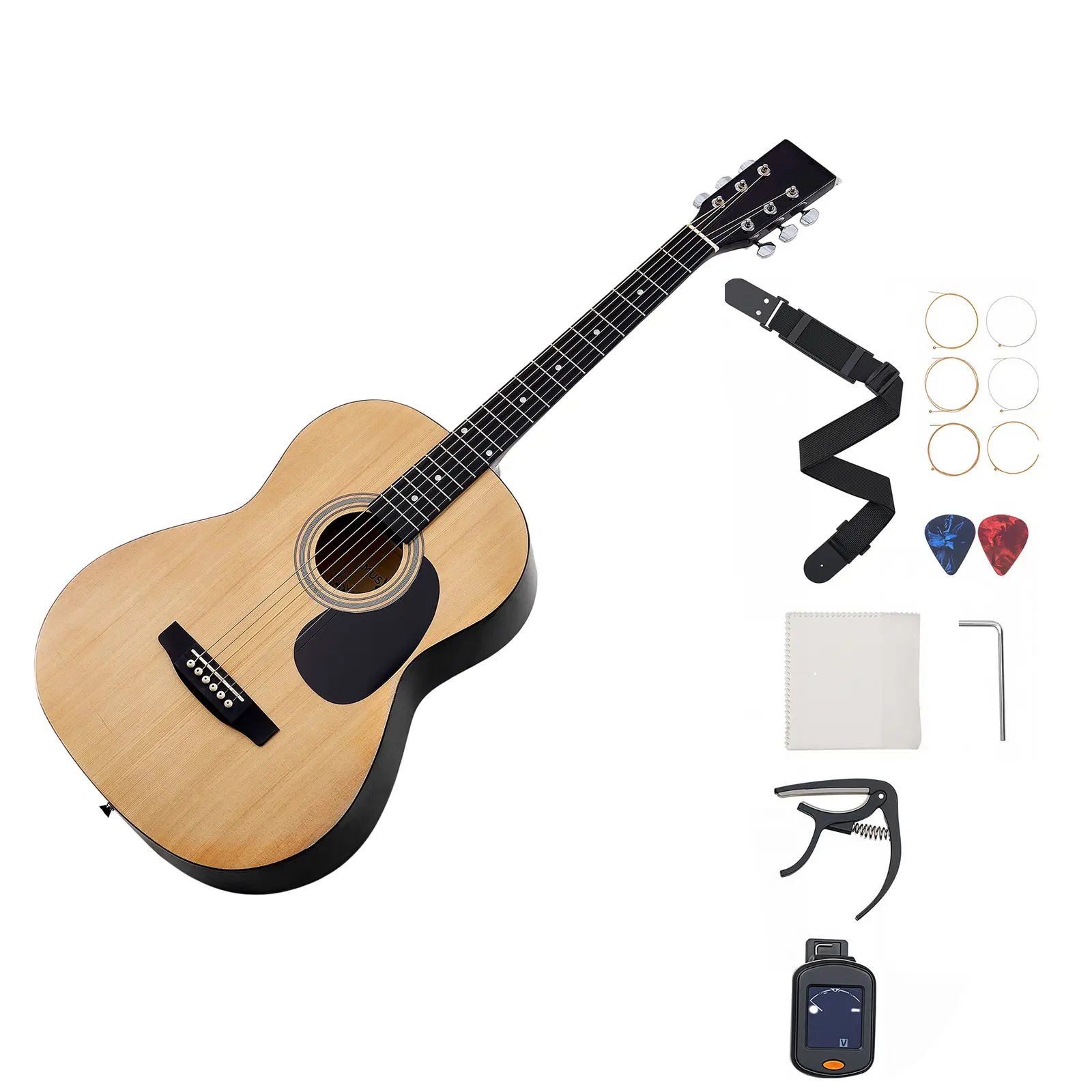Dreadnought Acoustic Guitar, Spruce Top, Basswood Back, Rosewood Fingerboard Construction, Rich Warm Sound, Play with Ease, Full Set of Accessories