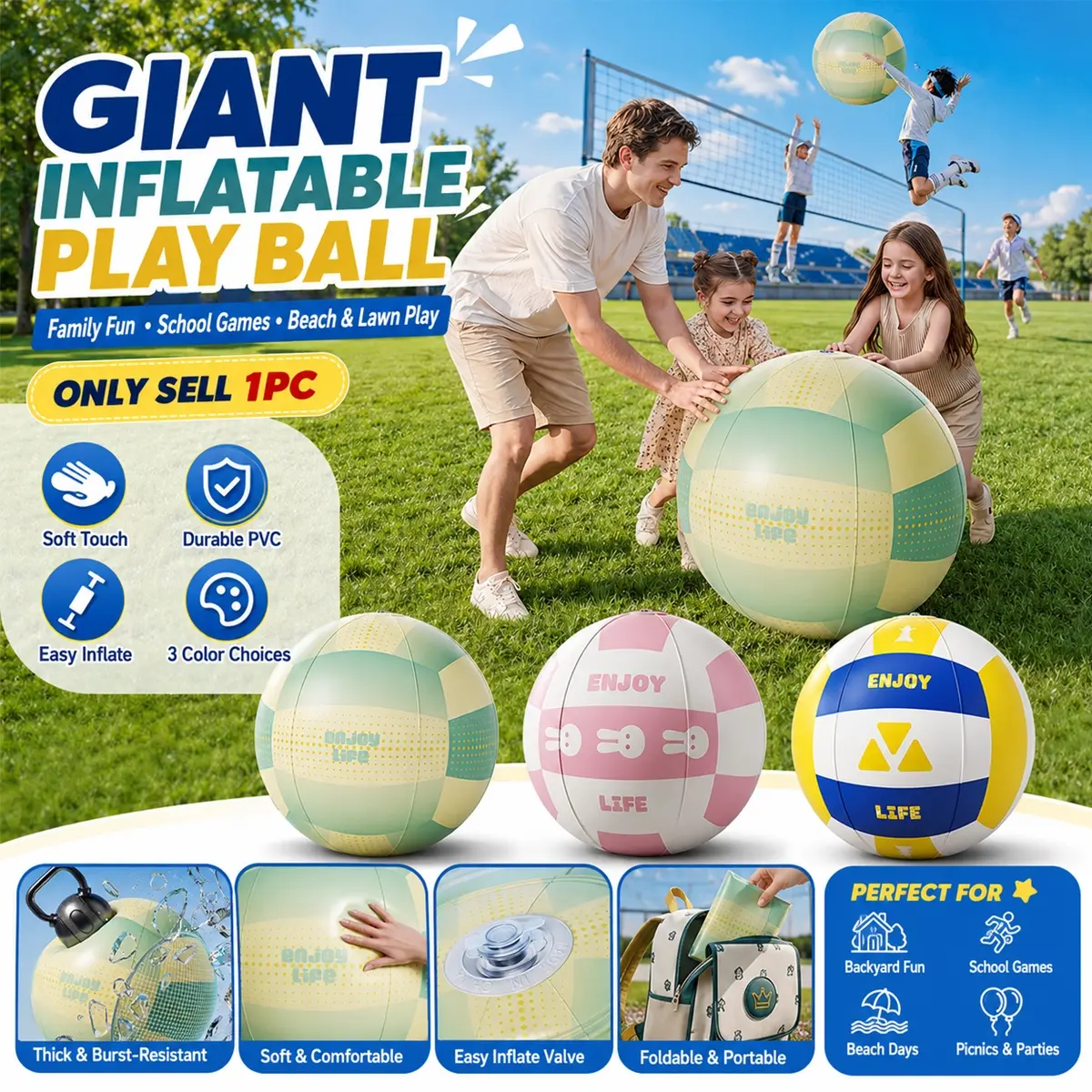 Giant Inflatable Beach Ball, PVC Soccer Style Ball 60cm/80cm, Soft Touch Easy Inflate Foldable Outdoor Ball for Kids Adults Family, Pool Beach Lawn Backyard Summer Party Decor, Sports Activity, Camping, Picnic & Vacation Accessories