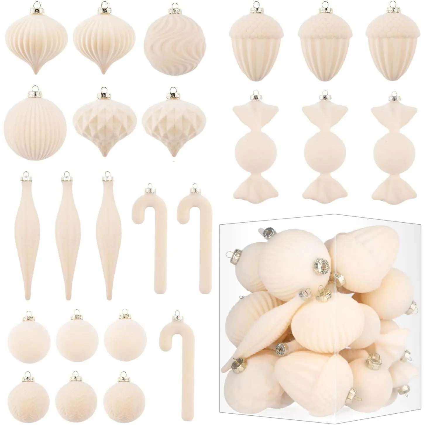 Ornaments for Christmas Tree Decorations - Cream Flocked Christmas Ornament Set for Winter Holiday Decor - Shatterproof Xmas Balls Ornaments Bulk - Pack of 24