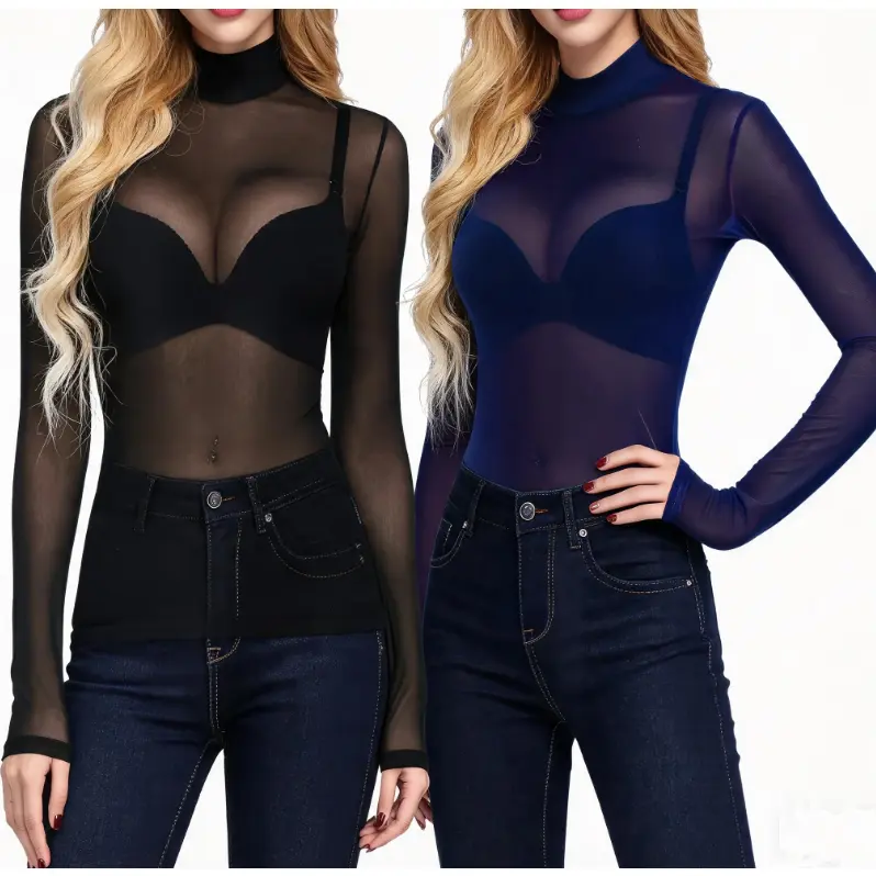 Black+Blue 2PCS/Set Multi Long Sleeve Mesh Lace High Neck Sheer Top, Women's Sheer Base Layer Shirt, All-Season Semi-Transparent Blouse Shirts