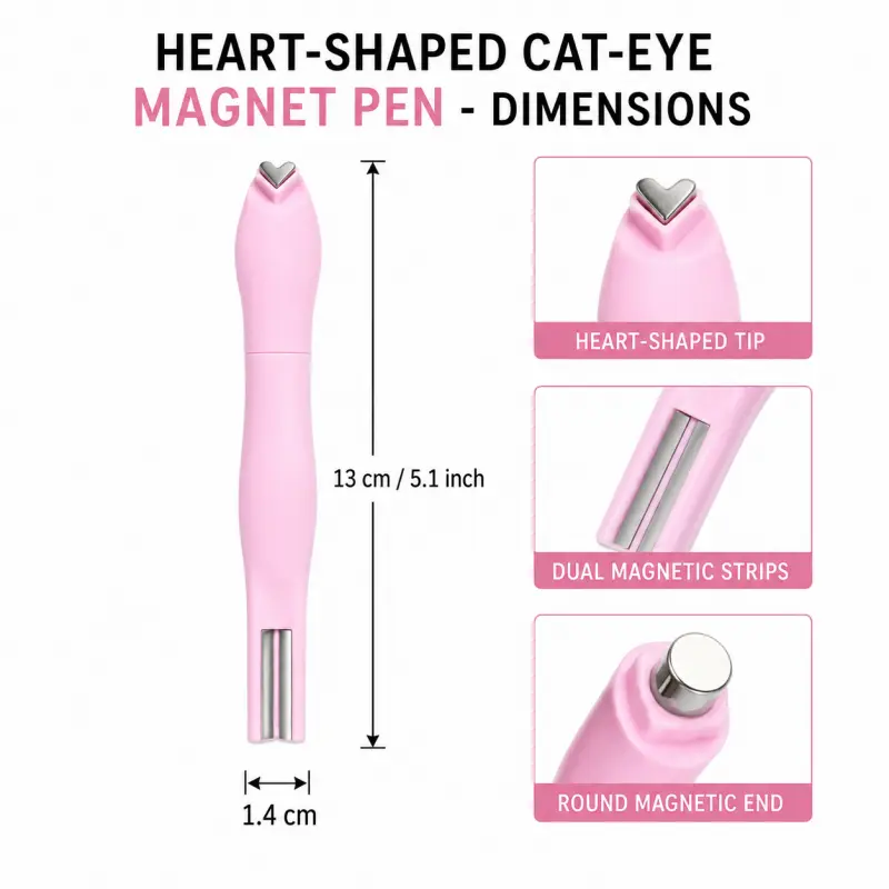 3-in-1 Dual-Ended Cat Eye Nail Magnet, Strong Neodymium Wand with Heart & Round Tips for Gel Polish, DIY & Salon Nail Care