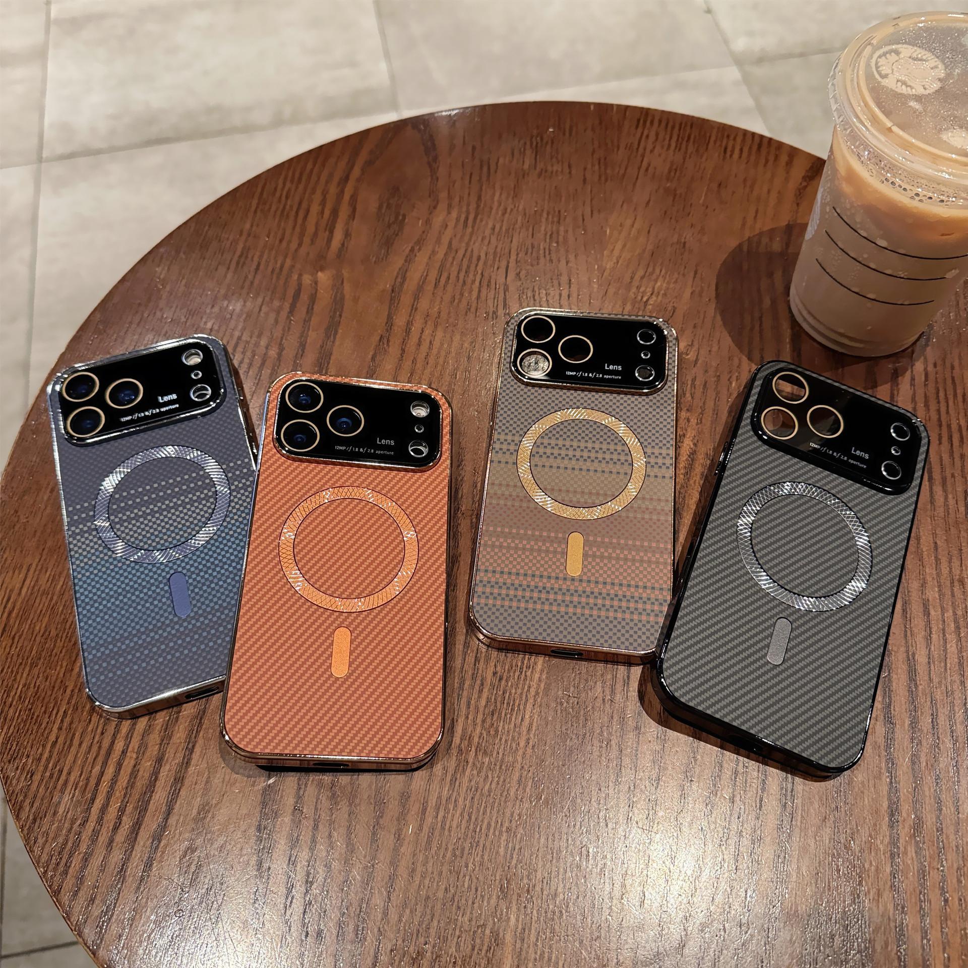 Suitable for iPhone 17 Magnetic Phone Case Rotating Stand iPhone 16 Pro Max Large Window Electroplated Fiber Texture