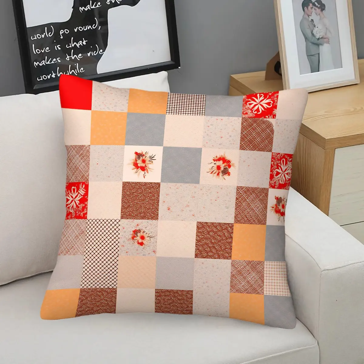 Vintage Quilt Style Patchwork Throw Pillow, Retro Floral Checkered Cushion Accent Pillow with Pillow Core, Soft Comfortable Fabric, For Sofa Couch Bedroom Living Room Dorm Office Decor, Housewarming Gift