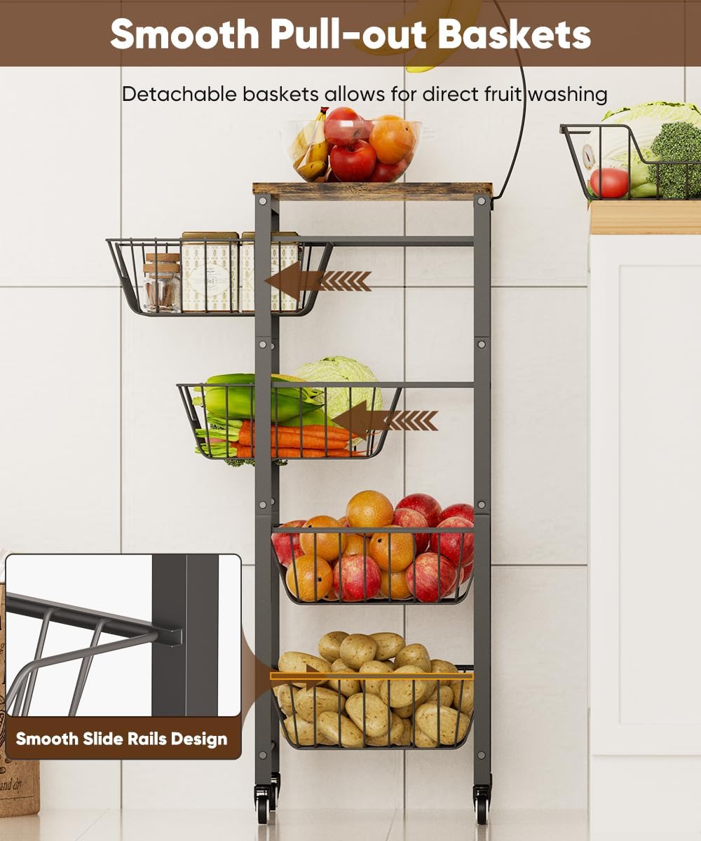 SUNDAY MIRTH Fruit Vegetable Storage Cart for Kitchen, 5-Tier Vegetable Stand Rack with Pull-Out Fruit Baskets, Rolling Snack Cart with  Top & Banana Holder for Pantry, Living Room, Bathroom, Black