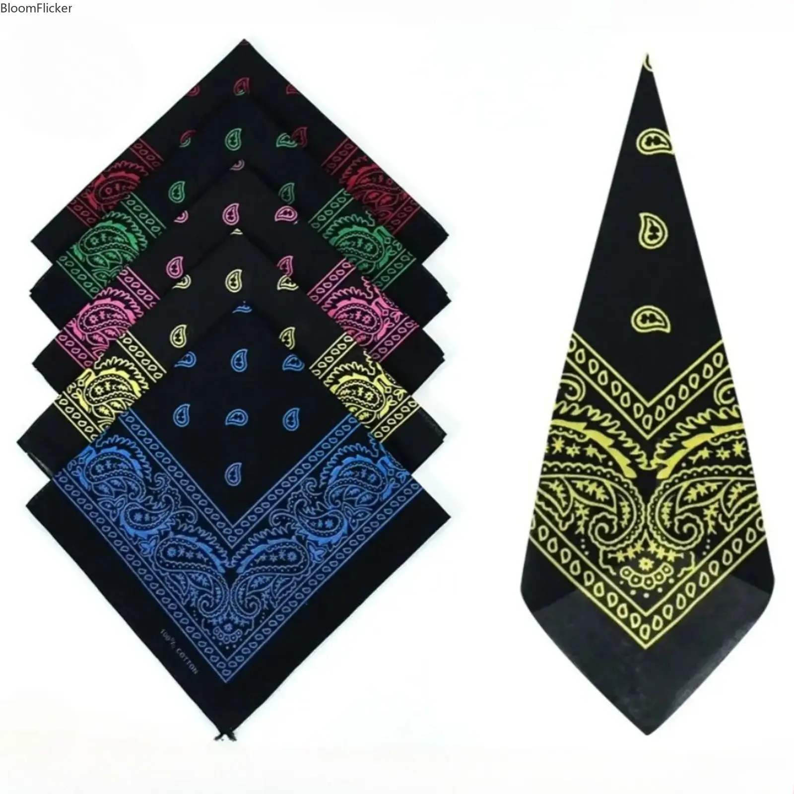 5PCS Paisley Bandana Set, Black Base with Colorful Print Cotton Headband, Hip Hop Style Square Scarf, Versatile Head Wrap for Cycling, Hiking, Dancing, Sweat Absorbent