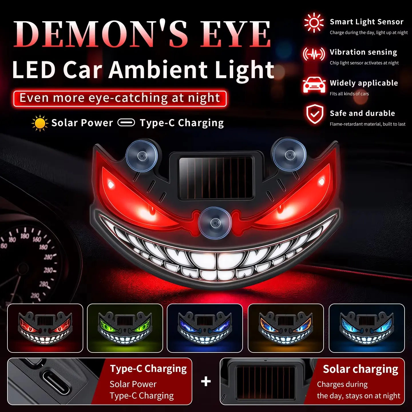 Creative Car Devil Eye Light, Flashing Solar Warning Light, Safe Suction Back Window Lamp, Car Decoration Light, Safety Alert Light, Car Decorative Light