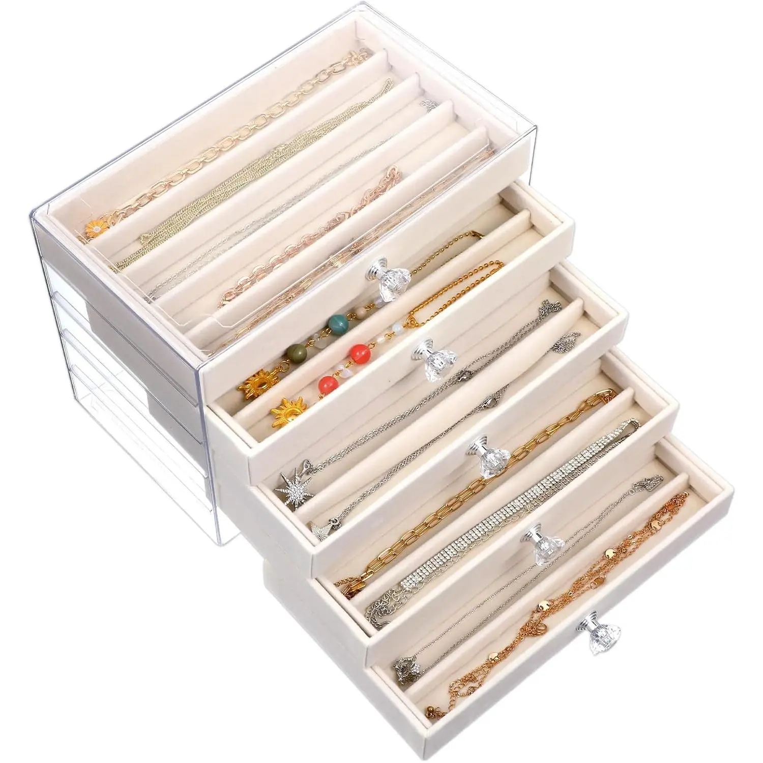 5-Drawer Necklace Organizer Box with Clear Acrylic & Velvet Lining, Beige Necklace Storage Box for Chains, Pendants, Stackable Dustproof Jewelry Holder(9.25 x 5.9 x 6.69 in)
