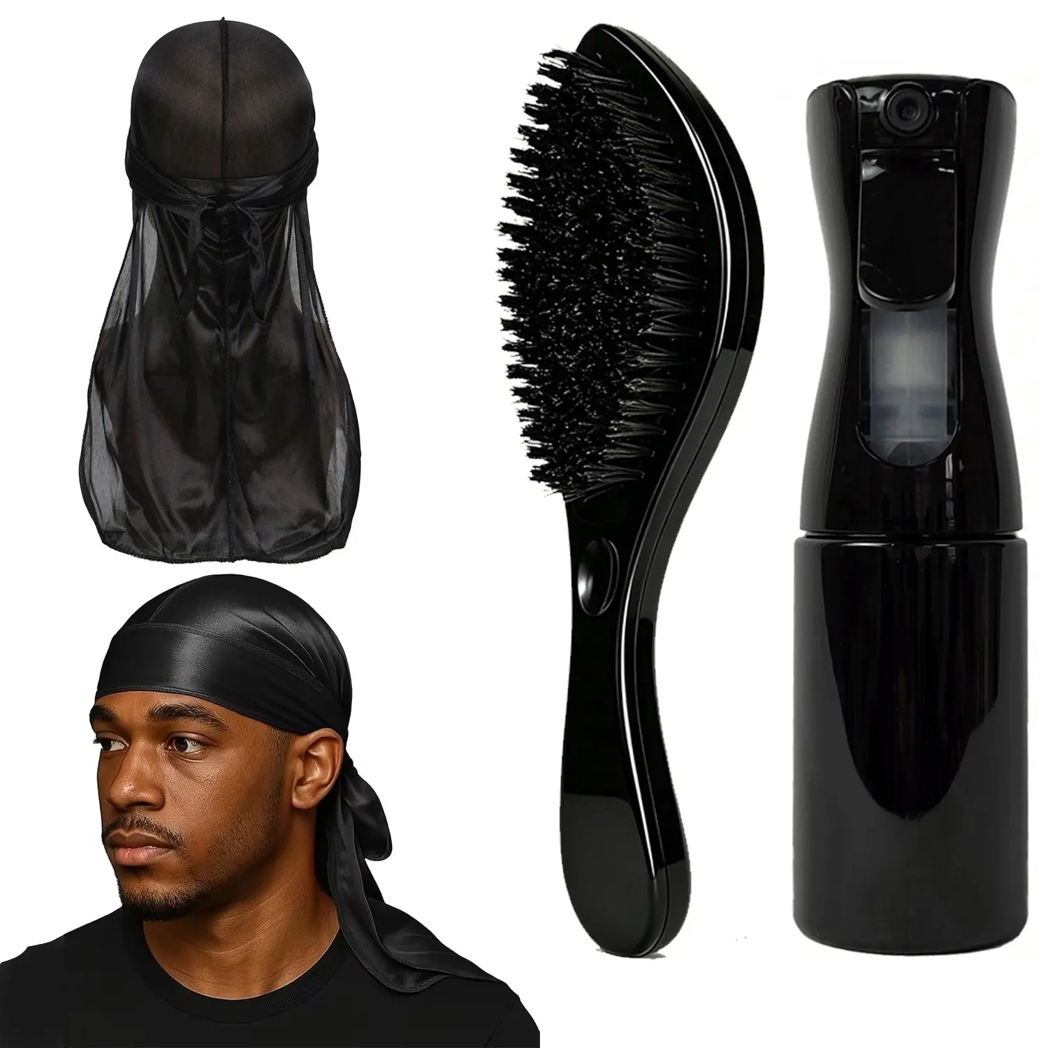 360 Wave Brush & Mesh Long Tail Durag Set – Soft Bristle Wave Brush for Wave Training, Hair Compression, Curl Maintenance & Daily Grooming