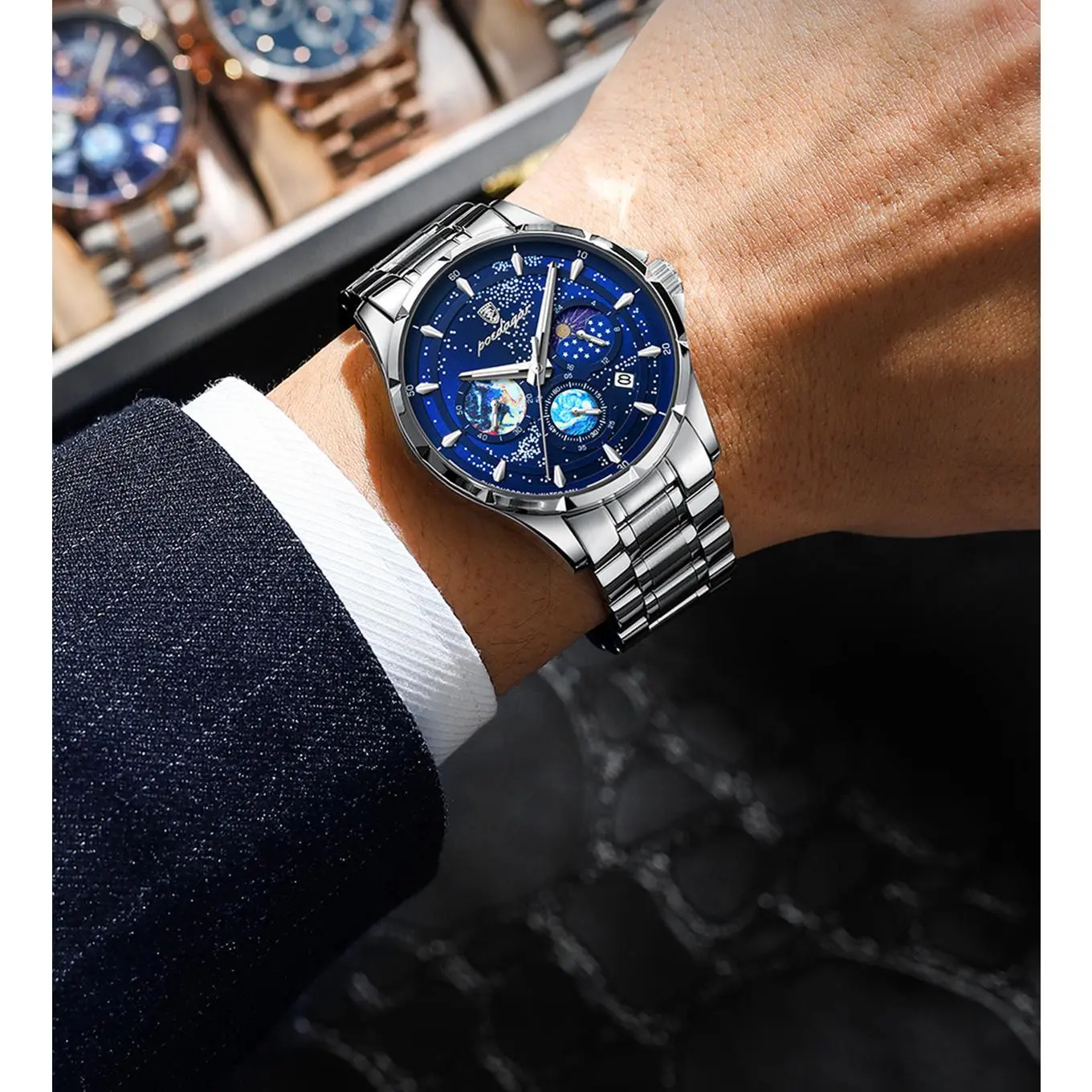 Men's Ultra-Slim Sports Watch - 42mm Chronograph Quartz Watch, Onion Crown, Luminous Moon Phase, Tachymeter, 50M Water Resistant, Stainless Steel Band, Round Face Men's Ultra-Slim Sports Watch - 42mm Chronograph Quartz Watch, Onion Crown, Luminous Moon Phase, Tachymeter, 50M Water Resistant, Stainless Steel Band, Round Face