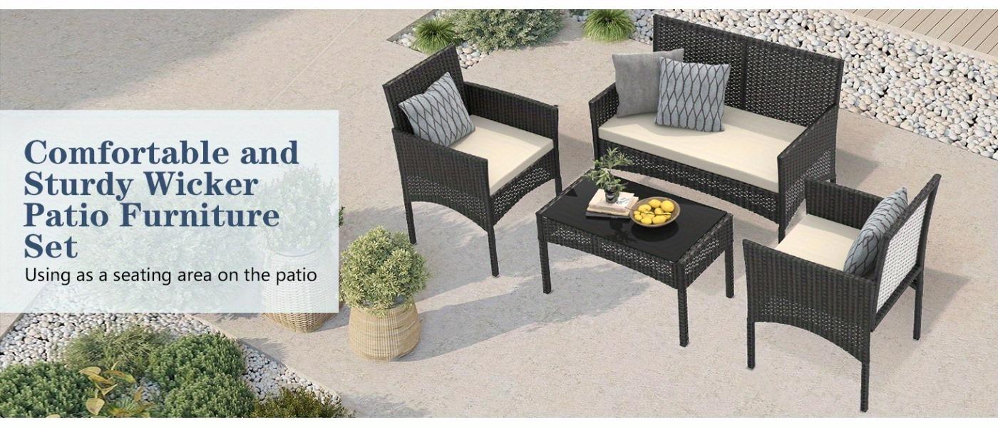 4-Piece Outdoor Wicker Rattan Patio Furniture Set – Black Conversation Set with Waterproof Cushions and Side Table, Ideal for Lawn, Backyard, Garden, Balcony, Porch & Poolside, Perfect for Outdoor Gatherings and Relaxation