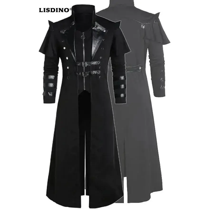 Men's Steampunk Gothic Long Trench Coat Jacket Double Breasted Zipper Punk Tops Cosplay Medieval Costume Black